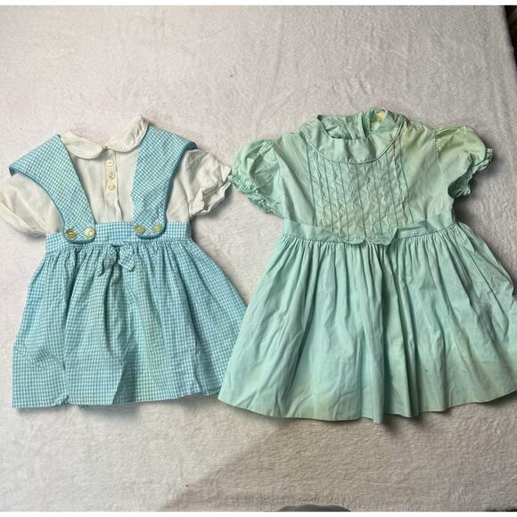 Vtg Baby Girls Dress 3-6 Months Blue Lace Lot Pinafore Gingham Collared 60s - Picture 1 of 7